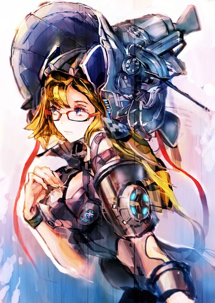 Anime picture 1200x1689 with original so-bin single long hair tall image blue eyes blonde hair mechanical girl ribbon (ribbons) hat glasses