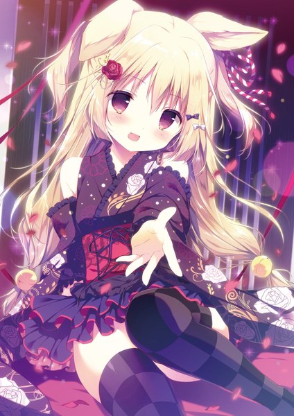 Anime picture 1356x1920 with original shiratama (shiratamaco) single long hair tall image looking at viewer blush fringe open mouth blonde hair smile hair between eyes sitting purple eyes bare shoulders animal ears payot bent knee (knees) traditional clothes head tilt