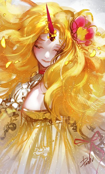 Anime picture 600x987 with original danhu single long hair tall image blush fringe blonde hair smile signed eyes closed hair flower horn (horns) wind lips wavy hair eyebrows glow personification girl