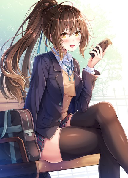 Anime picture 1550x2156 with original akashio (loli ace) single long hair tall image looking at viewer blush fringe open mouth smile hair between eyes brown hair sitting holding yellow eyes payot outdoors ponytail long sleeves :d