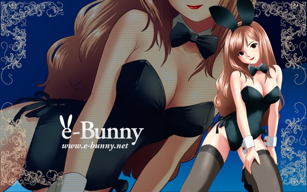 Anime picture 1920x1200 with original ponnetsu long hair highres breasts light erotic red eyes wide image animal ears cleavage bunny ears lipstick zoom layer thighhighs bunnysuit