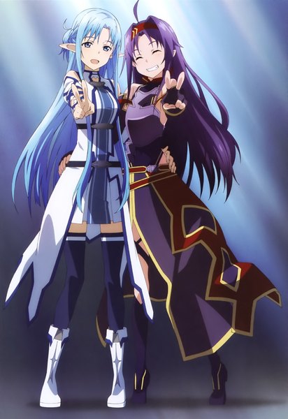 Anime picture 1645x2393 with sword art online a-1 pictures yuuki asuna yuuki (sao) asuna (sao-alo) long hair tall image open mouth blue eyes smile multiple girls blue hair purple hair eyes closed pointy ears scan official art victory elf girl