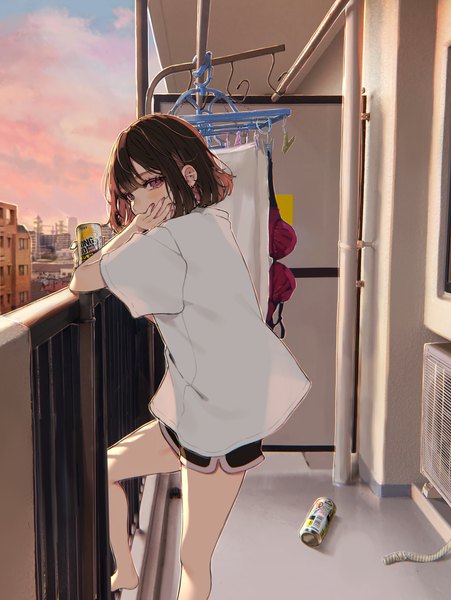 Anime picture 2265x3015 with original suntory strong zero daluto (hitomi555) single tall image looking at viewer fringe highres short hair brown hair purple eyes sky blunt bangs barefoot bare legs piercing ear piercing head rest photo background