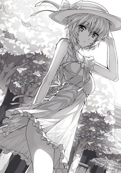 Anime picture 709x1011 with neon genesis evangelion gainax ayanami rei 90i single tall image looking at viewer short hair short sleeves monochrome hand on head transparent girl dress ribbon (ribbons) plant (plants) hat tree (trees) sundress hat ribbon