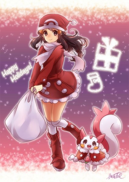 Anime picture 645x911 with pokemon pokemon dppt nintendo dawn (pokemon) pachirisu kisaragi itsuka (aufheben) single long hair tall image black hair smile signed long sleeves black eyes snowing christmas merry christmas gen 4 pokemon shiny pokemon girl