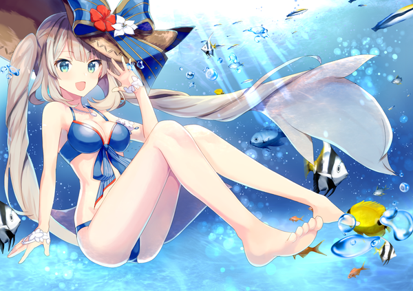 Anime picture 1254x885 with fate (series) fate/grand order marie antoinette (fate/grand order) marie antoinette (swimsuit caster) (fate) ameshizuku natsuki single looking at viewer blush fringe breasts open mouth light erotic smile twintails cleavage full body very long hair :d barefoot aqua eyes