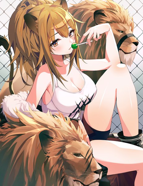 Anime picture 2976x3870 with arknights siege (arknights) munseonghwa single long hair tall image looking at viewer blush fringe highres breasts open mouth light erotic blonde hair hair between eyes large breasts sitting bare shoulders holding brown eyes