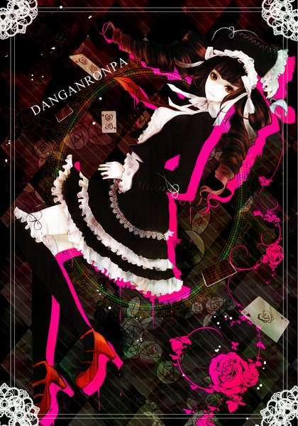 Anime picture 1229x1754 with dangan ronpa celestia ludenberg single tall image looking at viewer black hair red eyes twintails full body very long hair drill hair girl dress flower (flowers) necktie frills headdress card (cards)