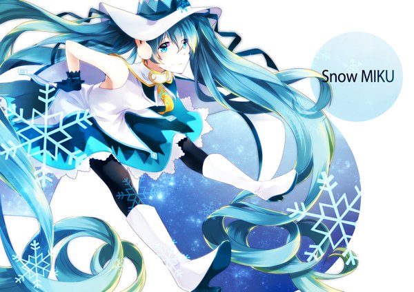 Anime picture 1500x1062 with vocaloid suki! yuki! maji magic (vocaloid) hatsune miku yuki miku yuki miku (2014) hiroimu single blue eyes twintails blue hair very long hair girl dress gloves hat boots fingerless gloves witch hat
