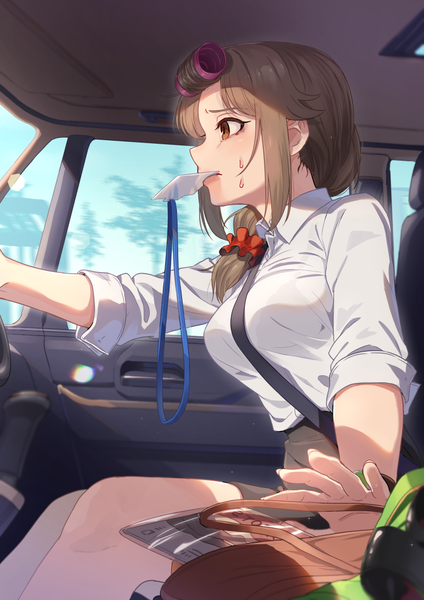 Anime picture 750x1061 with idolmaster idolmaster cinderella girls senkawa chihiro kamille (vcx68) single long hair tall image fringe light erotic brown hair sitting holding brown eyes payot looking away blurry mouth hold sweatdrop hair over shoulder office lady