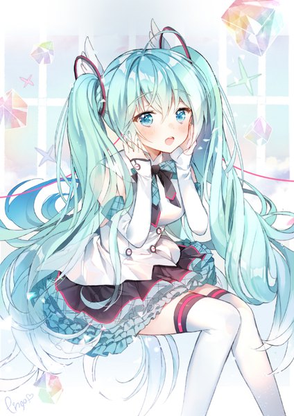 Anime-Bild 707x1000 mit vocaloid hatsune miku pingo single tall image looking at viewer blush fringe open mouth hair between eyes sitting twintails signed very long hair nail polish aqua eyes aqua hair frilly skirt girl thighhighs