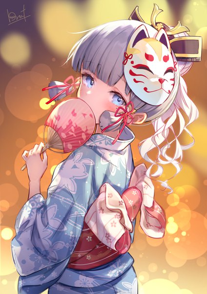 Anime picture 1000x1414 with genshin impact kamisato ayaka brat single long hair tall image looking at viewer blue eyes silver hair upper body ponytail traditional clothes japanese clothes mole mole under eye turning head covered mouth mask on head tress ribbon girl