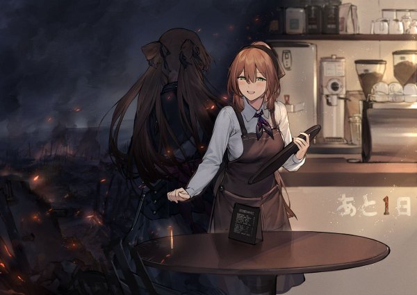 Anime picture 1200x850 with girls frontline m1903 springfield (girls frontline) duoyuanjun long hair blush fringe breasts open mouth smile hair between eyes brown hair large breasts standing holding green eyes payot looking away from behind leaning leaning forward