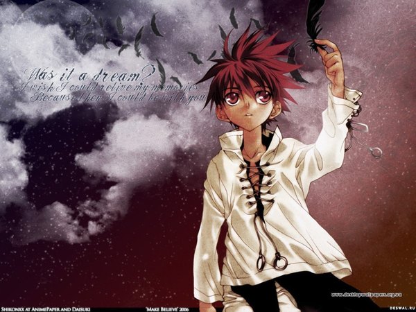 Anime picture 1600x1200 with d.n.angel xebec niwa daisuke single short hair red eyes cloud (clouds) red hair boy moon star (stars) feather (feathers)