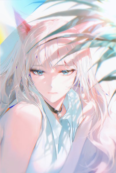 Anime picture 998x1486 with original on (onon2659) single long hair tall image fringe blue eyes animal ears looking away white hair sleeveless wavy hair expressionless bell collar girl plant (plants) choker bell jingle bell
