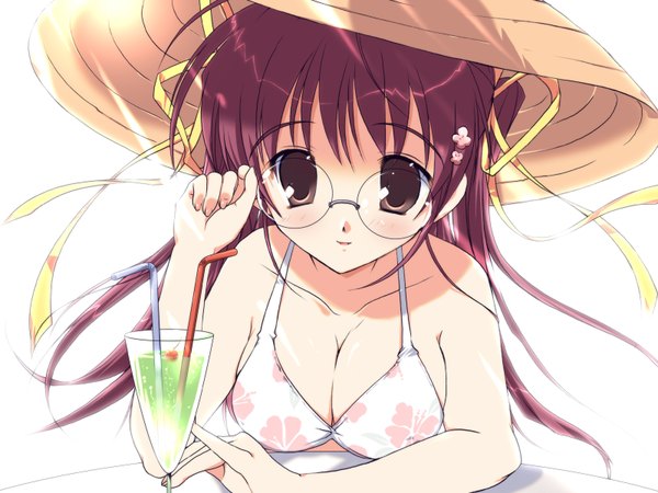 Anime picture 1600x1200 with pink chuchu (artbook) mikeou ko~cha long hair looking at viewer blush light erotic simple background brown hair white background sitting brown eyes girl hair ornament ribbon (ribbons) swimsuit hair ribbon hat glasses hairclip