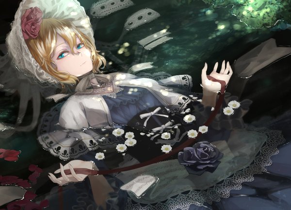 Anime picture 1800x1300 with touhou alice margatroid kumonji aruto single looking at viewer highres short hair blue eyes blonde hair hair flower arms up wet partially submerged afloat girl dress hair ornament flower (flowers) ribbon (ribbons) petals