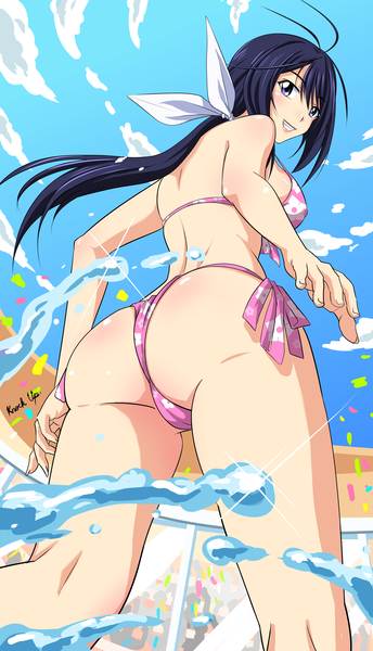 Anime picture 2800x4872 with keijo!!!!!!!! xebec kaminashi nozomi tan (knock up) single long hair tall image looking at viewer blush fringe highres breasts light erotic black hair smile hair between eyes large breasts bare shoulders signed sky