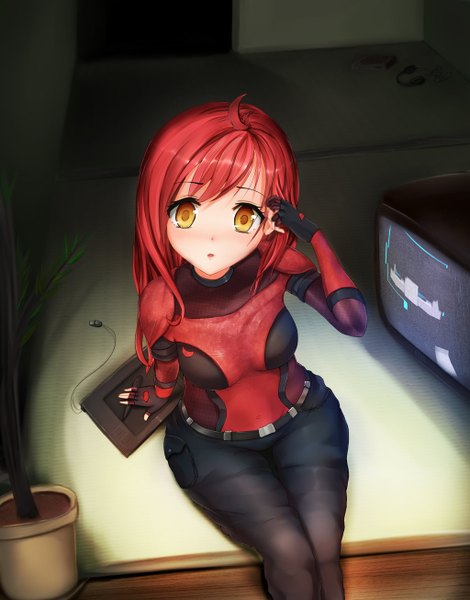 Anime picture 1024x1306 with original pitui1996 (krmn-chan) single long hair tall image looking at viewer blush yellow eyes red hair :o adjusting hair girl gloves black gloves headphones fingerless gloves bodysuit television