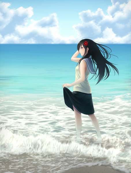 Anime picture 757x1000 with original koko (koko3) single long hair tall image blush blue eyes black hair standing looking away sky cloud (clouds) outdoors profile arm up hair flower wind partially submerged sailor collar skirt hold