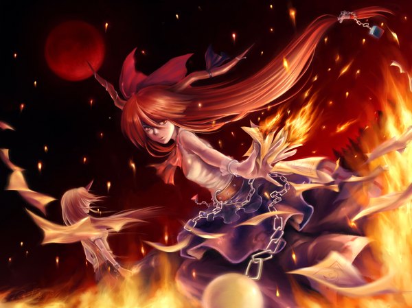 Anime picture 1950x1462 with touhou ibuki suika hoshiguma yuugi kieta long hair highres horn (horns) red moon girl chain fire