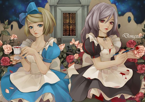 Anime picture 3508x2480 with alice in wonderland american mcgee's alice (game) alice: madness returns alice (wonderland) dong xiao long hair highres short hair blue eyes blonde hair red eyes absurdres lips grey hair dual persona girl dress bow hair bow petals