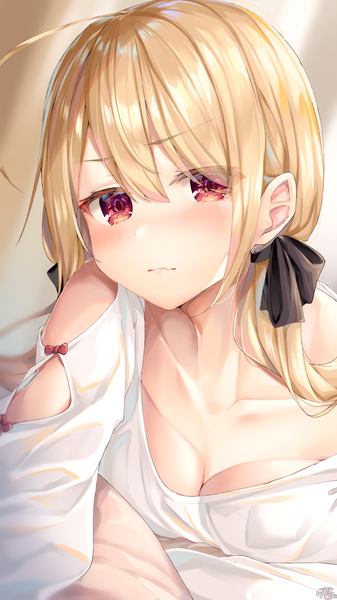 Anime picture 1152x2048 with original blonde hair-chan (ramchi) ramchi single long hair tall image looking at viewer blush fringe breasts light erotic blonde hair hair between eyes red eyes twintails signed payot cleavage upper body ahoge