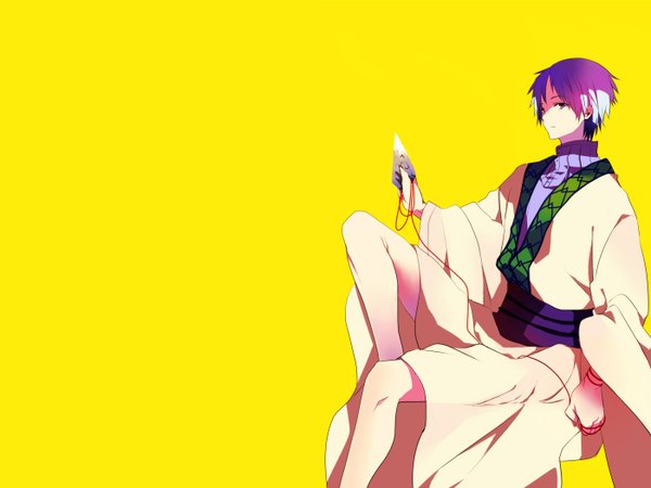 Anime picture 1400x1050 with magi the labyrinth of magic a-1 pictures ja'far (magi) tagme (artist) single simple background sitting purple eyes grey hair shadow yellow background boy thread red thread
