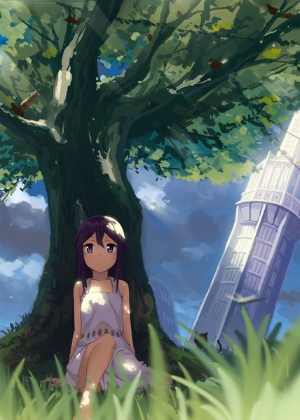 Anime picture 1200x1683 with original rai32019 single long hair tall image looking at viewer purple eyes bare shoulders purple hair girl plant (plants) animal tree (trees) bird (birds) grass sundress tower