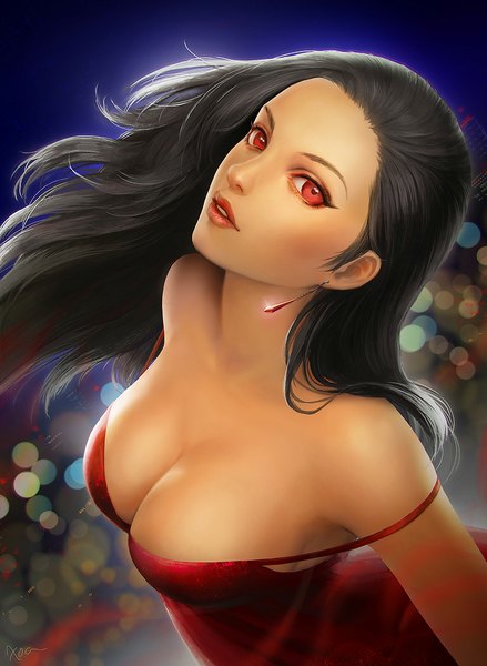 Anime picture 800x1093 with chalii single long hair tall image breasts light erotic black hair red eyes large breasts bare shoulders cleavage lips night face flying city lights vampire girl dress earrings