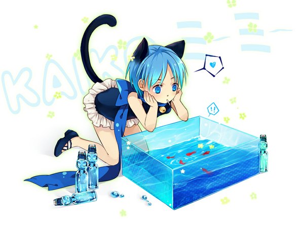 Anime picture 1000x740 with vocaloid kaiko lc hi ji (saiyki) single short hair blue eyes simple background white background animal ears blue hair cat ears cat tail kneeling genderswap girl bow scarf bell fish (fishes) jingle bell