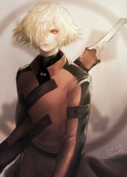 Anime picture 1792x2500 with samurai 7 gonzo kyuzo haru (yukinome) single tall image looking at viewer fringe highres short hair blonde hair red eyes signed lips hair over one eye dated pale skin serious boy weapon