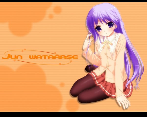 Anime picture 1280x1024 with happiness watarase jun single long hair looking at viewer blush sitting purple eyes purple hair full body light smile inscription no shoes character names letterboxed otoko no ko orange background playing with hair hair twirling boy