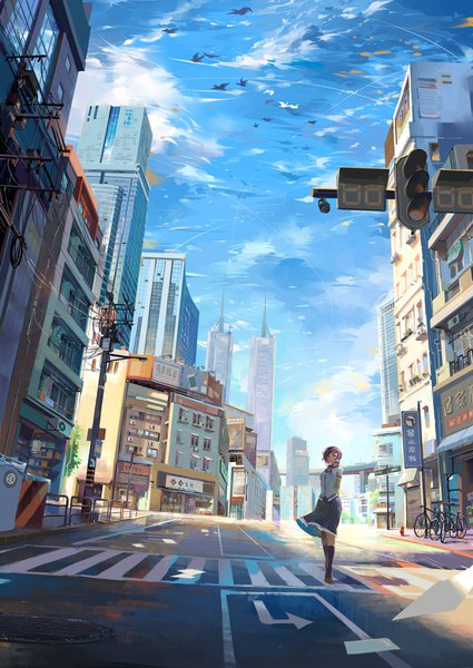 Anime picture 750x1058 with original yomi yasou single long hair tall image looking at viewer fringe standing sky cloud (clouds) outdoors wind street crosswalk girl skirt animal shirt socks shoes
