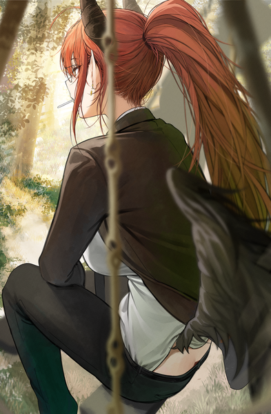 Anime picture 2886x4408 with original isabella (marse) marse (rokudaime) single long hair tall image highres light erotic sitting looking away outdoors ass ponytail red hair horn (horns) pointy ears from behind blurry black wings smoking