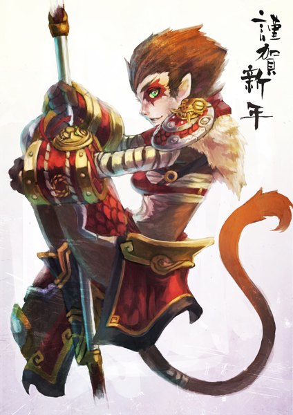 Anime picture 2480x3508 with league of legends wukong (league of legends) monori rogue single tall image looking at viewer highres short hair simple background brown hair green eyes tail animal tail pointy ears genderswap girl armor staff spaulder (spaulders) vambraces