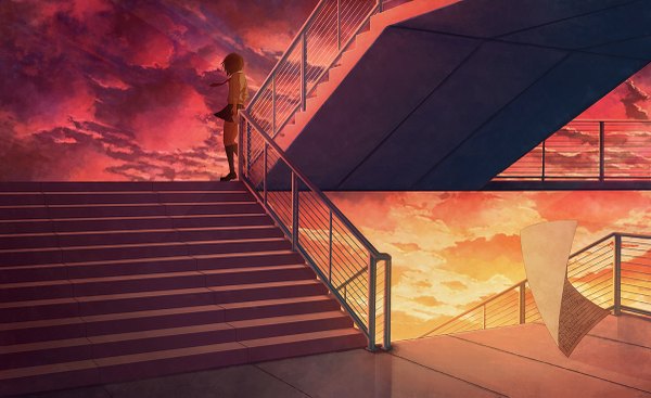 Anime picture 1200x735 with original aya (star) single short hair brown hair wide image sky cloud (clouds) evening sunset girl skirt uniform school uniform socks necktie black socks stairs paper