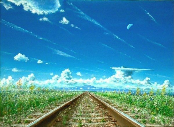 Аниме картинка 1067x778 с оригинальное изображение akashikaikyo небо облако (облака) солнечный свет гора (горы) без людей пейзаж поле растение (растения) железная дорога железнодорожные пути