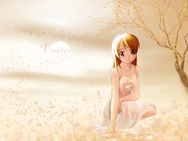 Anime picture 1600x1200 with original iuro faiz138 single long hair looking at viewer blonde hair brown eyes squat third-party edit girl dress plant (plants) tree (trees) white dress transparent clothing