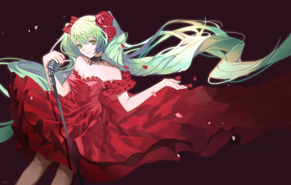 Anime picture 2039x1297 with vocaloid hatsune miku qie single looking at viewer highres simple background twintails bare shoulders green eyes very long hair nail polish hair flower green hair black background girl dress flower (flowers) petals choker