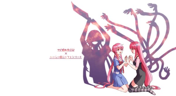 Anime picture 1920x1050 with mirai nikki elfen lied arms corporation gasai yuno lucy tagme (artist) fringe highres open mouth wide image white background sitting twintails multiple girls pink hair very long hair pink eyes barefoot horn (horns) inscription