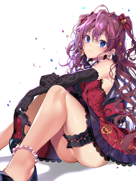 Anime picture 753x1000 with idolmaster idolmaster cinderella girls ichinose shiki pinb single long hair tall image looking at viewer blush fringe breasts light erotic simple background hair between eyes white background sitting bare shoulders holding purple hair ahoge