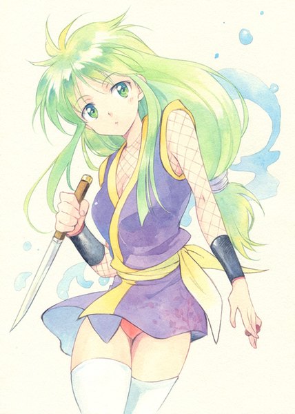 Anime picture 571x800 with ganbare goemon yae (ganbare goemon) agahari single long hair tall image light erotic simple background green eyes payot looking away cleavage green hair pantyshot traditional media watercolor (medium) girl thighhighs underwear panties