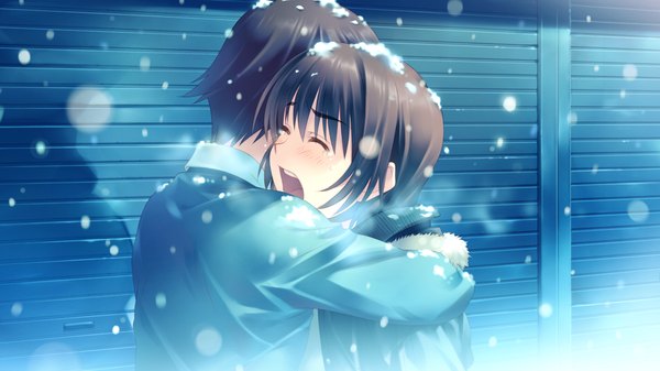 Anime picture 1280x720 with white album 2 blush short hair open mouth black hair wide image game cg eyes closed snowing winter snow girl boy jacket