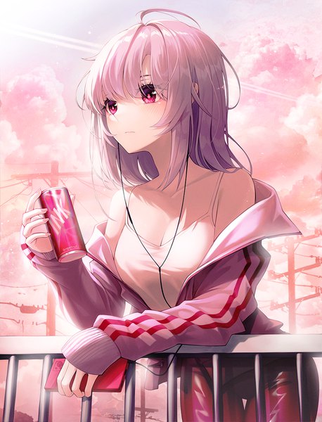 Anime picture 1000x1310 with original yuyo (i iuyo) single long hair tall image blush fringe breasts hair between eyes standing bare shoulders holding payot looking away pink hair sky cleavage cloud (clouds) ahoge long sleeves