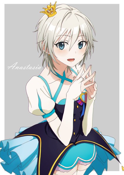 Anime picture 2893x4092 with idolmaster idolmaster cinderella girls anastasia (idolmaster) ayano yuu (sonma 1426) single tall image looking at viewer blush fringe highres short hair open mouth blue eyes simple background hair between eyes silver hair :d grey background puffy sleeves character names