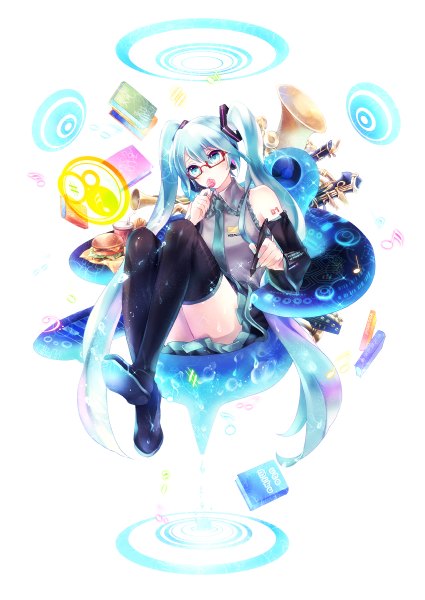 Anime picture 850x1200 with vocaloid hatsune miku nemusuke single tall image twintails bare shoulders very long hair aqua eyes aqua hair girl skirt detached sleeves glasses food sweets headphones thigh boots candy lollipop