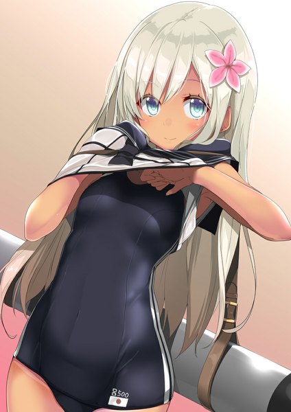 Anime picture 810x1146 with kantai collection ro-500 submarine gintarou (kurousagi108) single long hair tall image looking at viewer blush fringe blue eyes light erotic simple background smile hair flower grey hair open clothes tan tan lines girl uniform