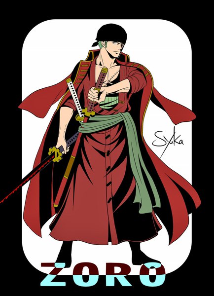 Anime picture 1433x1980 with one piece toei animation roronoa zoro one syuka single tall image looking at viewer short hair simple background standing holding signed full body one eye closed green hair character names border scar clothes on shoulders sheathed