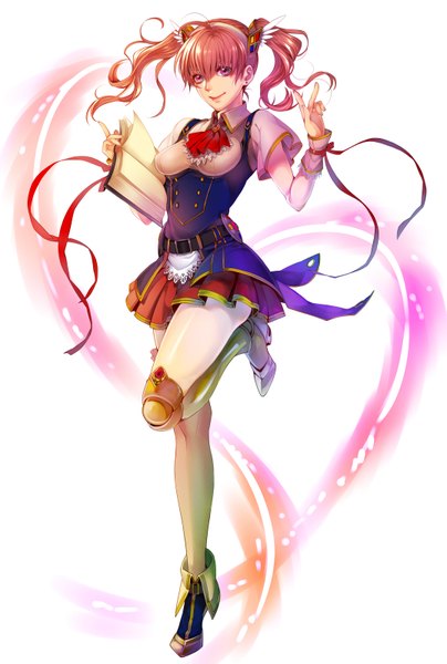 Anime picture 2149x3188 with tayuya1130 single tall image highres simple background smile white background purple eyes twintails pink hair pink eyes light smile orange hair magic head wings girl ribbon (ribbons) wings armor book (books)